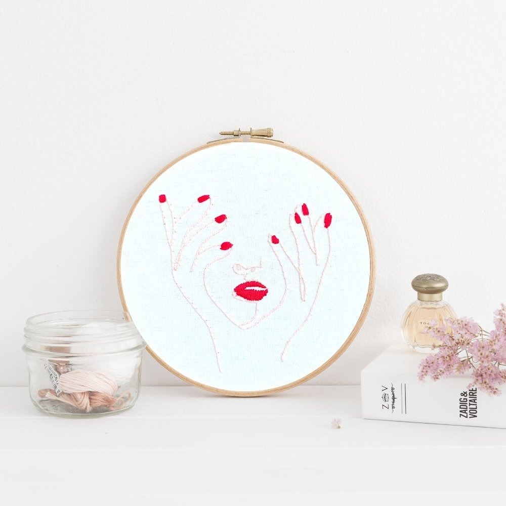 Women Face Hands Red Nails Finished Completed Embroidery - ‎ Ready to Hang